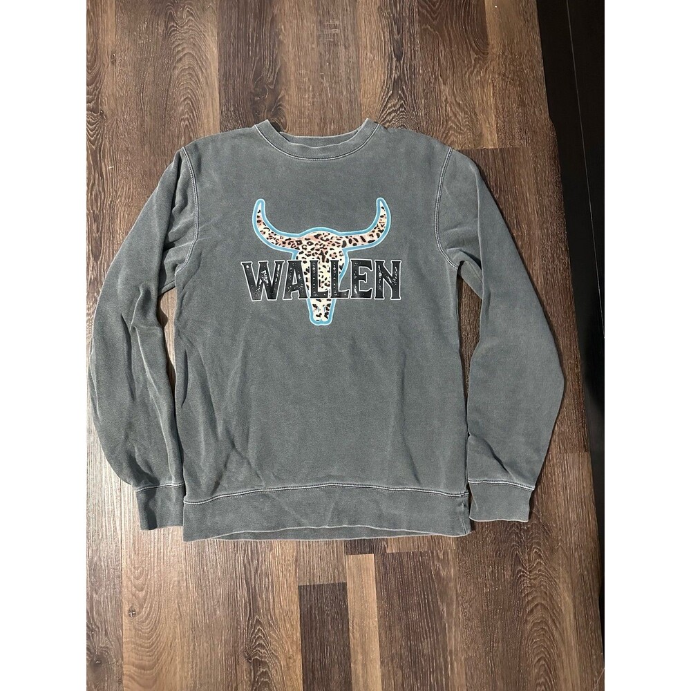 Wallen Leopard Print Teal Bull Skull Crewneck Sweatshirt Size SM